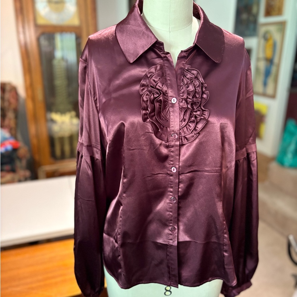 Chic Kenar Plum Burgundy Satin Ruffle Front Button Blouse Elegant Vintage-Feel